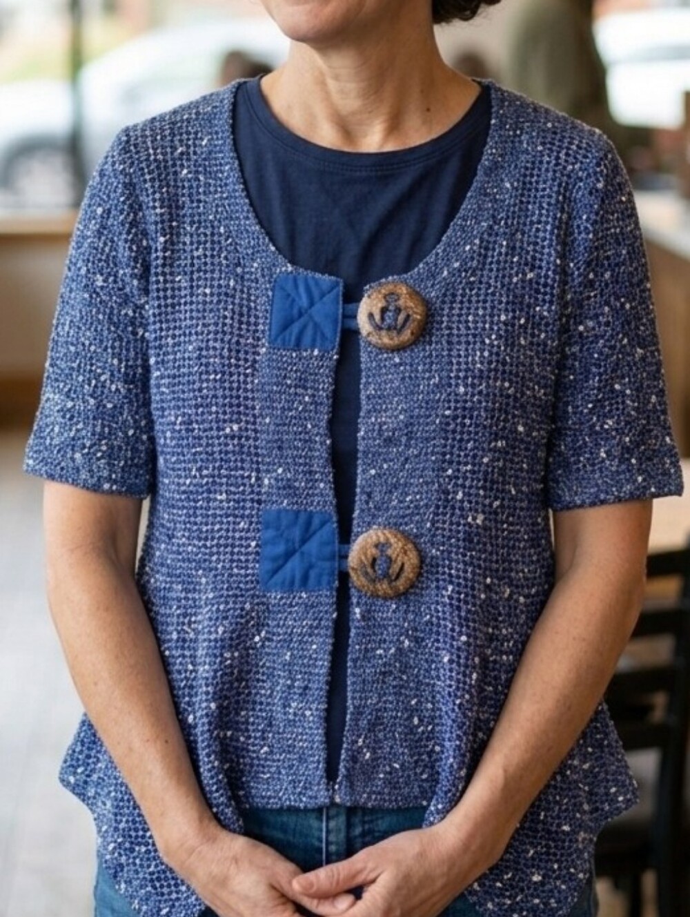 Vintage Frazzle Blue Open-Knit Cardigan with Anchor Detail - Size Small